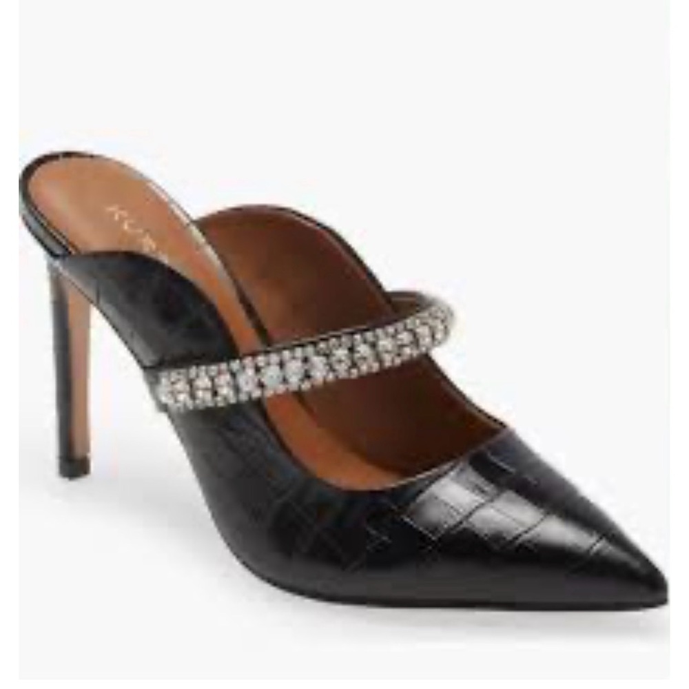 NWB Kurt Geiger Black Croc-Embossed Pointed Toe Mule Heels